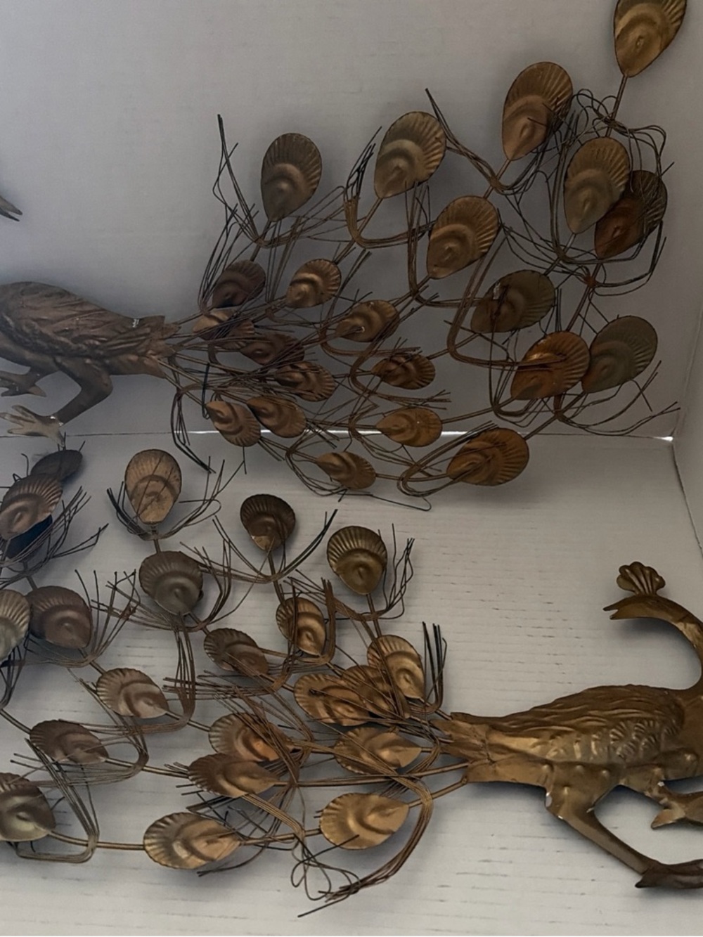 Brass Metal Peacock Wall Art Pair - Gold Tone